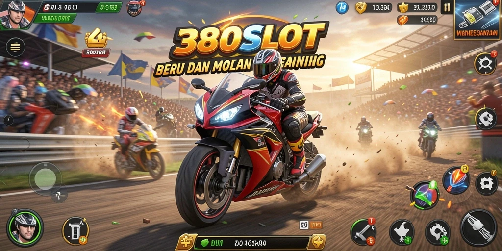 Tampilan screenshot utama dari gameplay <strong>380SLOT</strong> yang mendebarkan dan penuh aksi balapan motor.