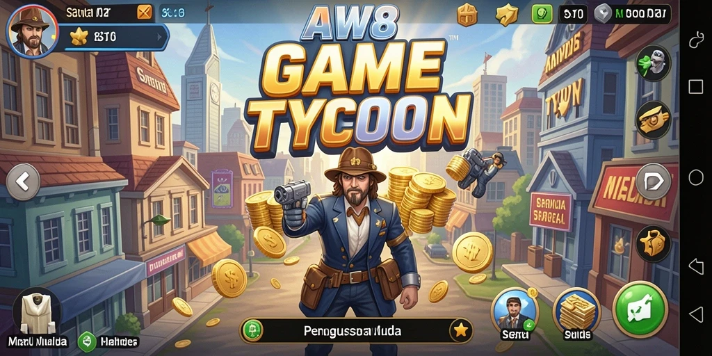 Screenshot gameplay AW8 yang menunjukkan keseruan menyusun strategi bisnis.