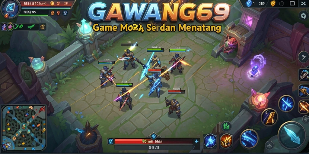 Tangkapan layar gameplay seru GAWANG69 yang memperlihatkan aksi dalam pertarungan MOBA.