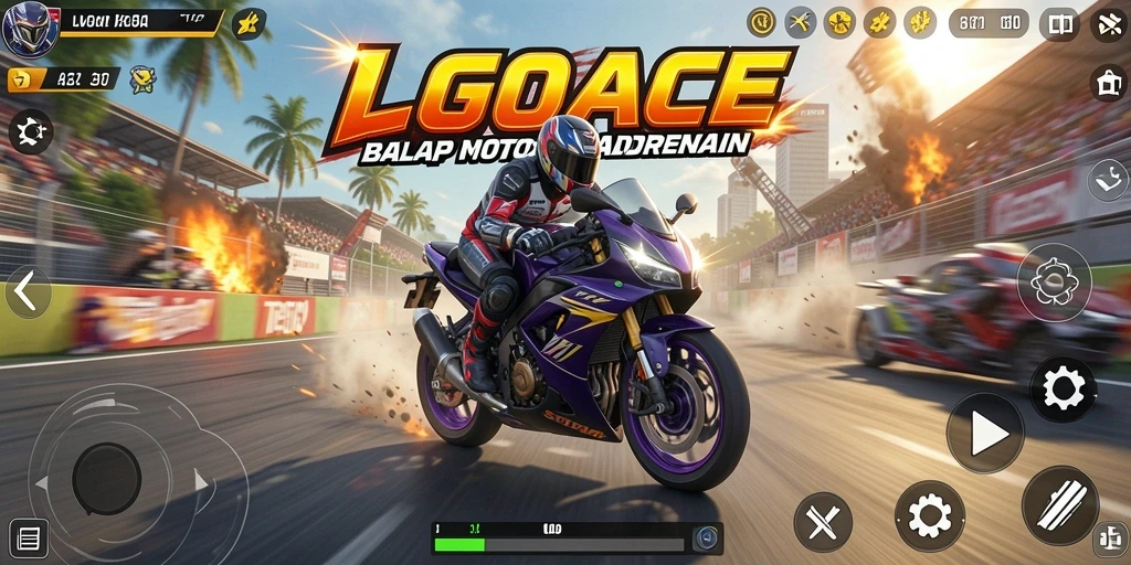 Screenshot gameplay LGOACE menampilkan balapan motor yang seru.