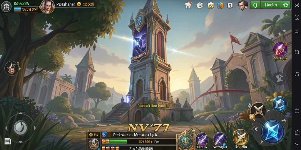 Screenshot gameplay NV77 menampilkan menara pertahanan yang aktif dalam pertempuran.