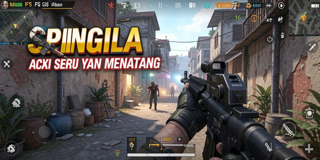 Screenshot gameplay SPINGILA menunjukkan aksi tembak-menembak yang seru.