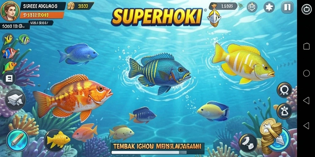 Tampilan layar <strong>SUPERHOKI</strong> saat menangkap ikan dengan grafis menarik.