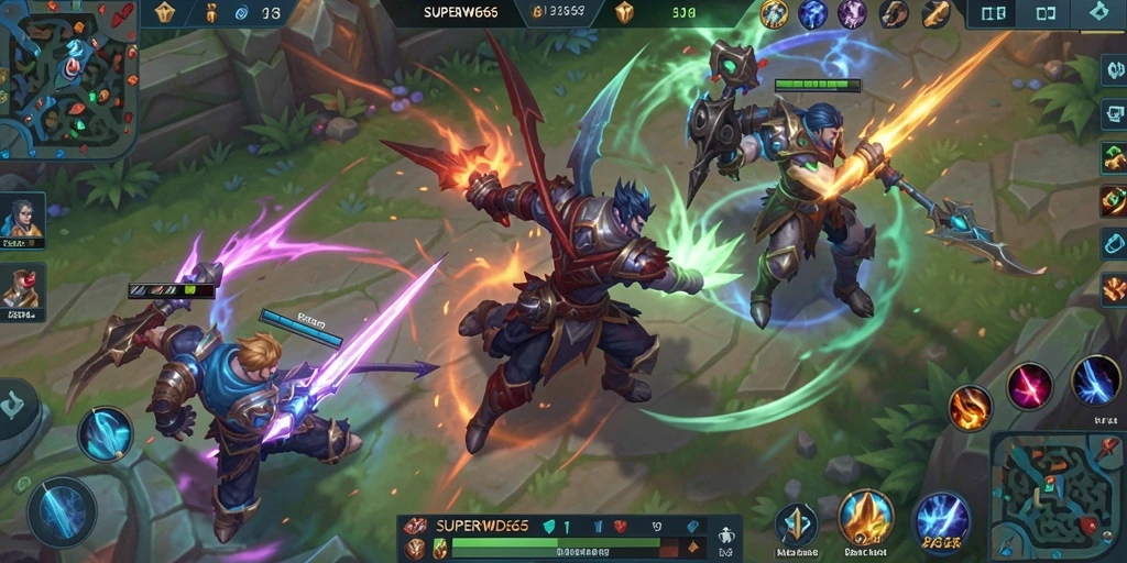 Screenshot gameplay SUPERWD666 menampilkan pertempuran tim yang intens.