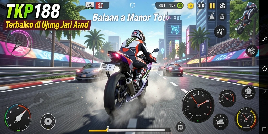 Tampilan gameplay balapan motor yang seru dan mendebarkan.